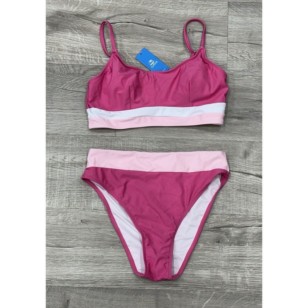 NWT Cupshe Womens Two Piece Swimsuit Size Medium Light Pink Hot Pink